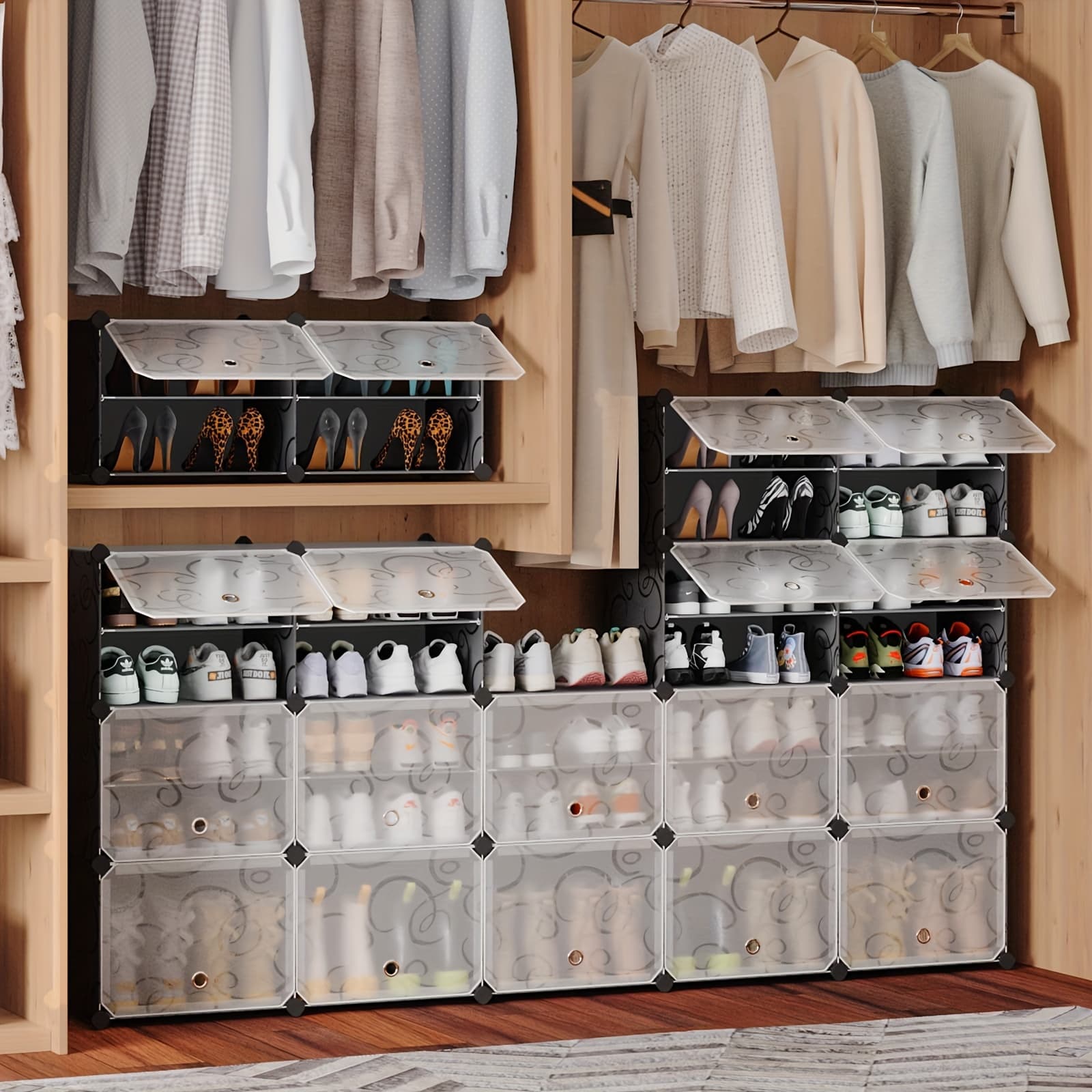 TEMU Shoe Storage Cabinet For 72 Pairs, Portable Organizer With Doors, Large Plastic Detachable Shelves For Shoes, Suitable For Entryway And Bedroom, In Black