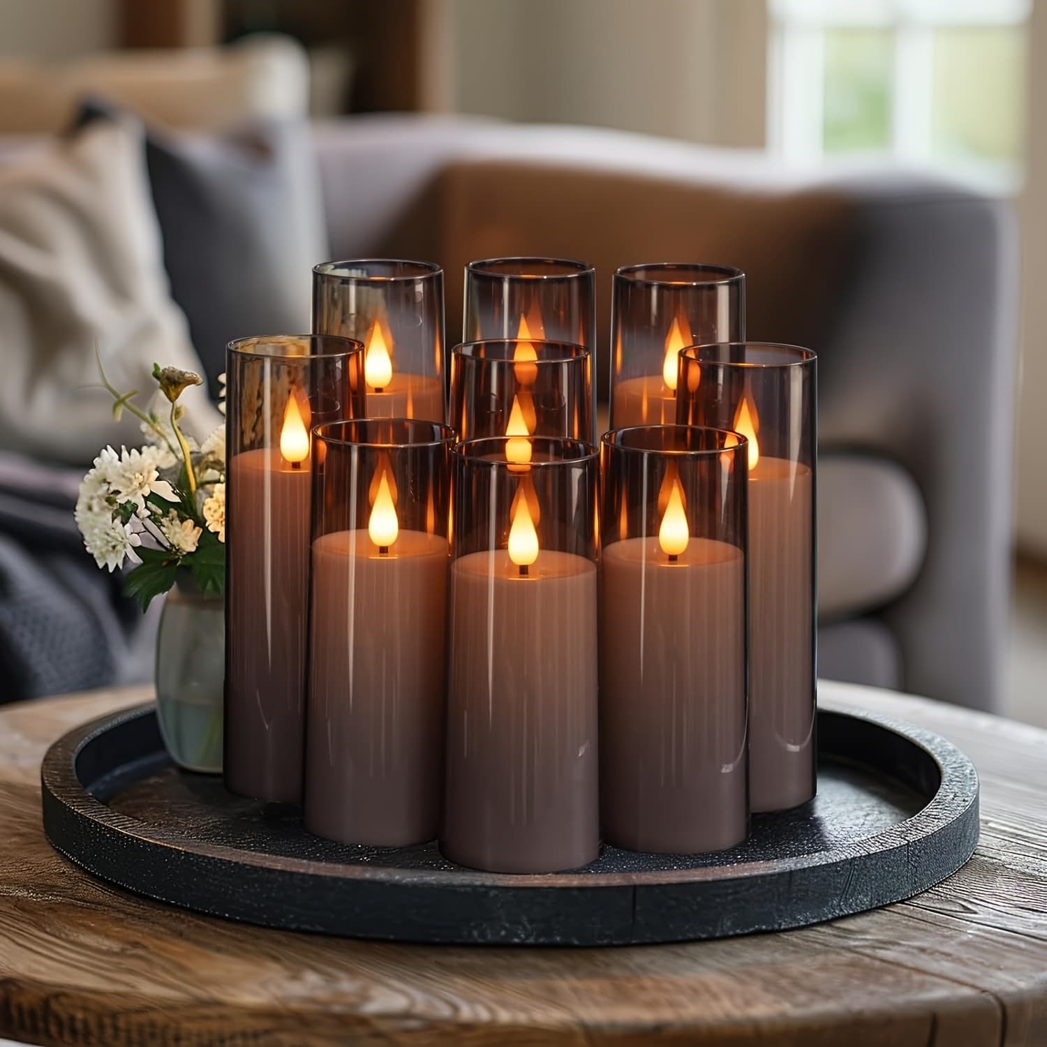 TEMU Grey Flameless Candles 9 Set, Battery Operated Candles With Remote Control And Timer, Flickering Led Pillar Candles For Home Halloween Decor, Warm Yellow Light, D2.2 Xh5 6" 7"