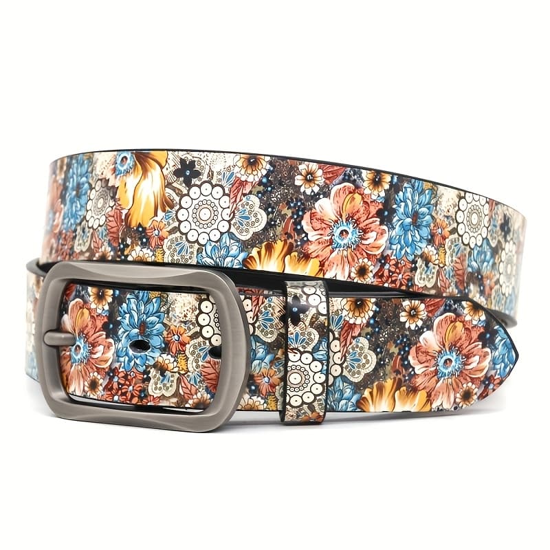 TEMU Vintage Floral Print Belt With Classic Pin , Western Cowboy Style Waist Belt, Y2k Accessory For Dresses And Jeans