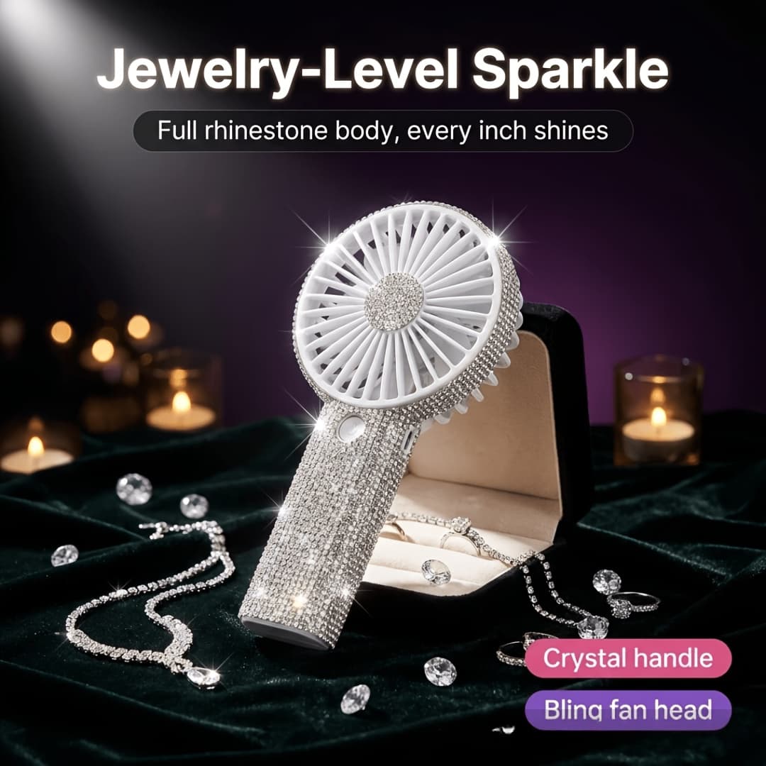 TEMU Taztir Handheld With A Luxurious Diamond Style, Bling Mini Personal Fan, Glitter , Usb Rechargeable & Battery, 3 Gear Wind, For Girls, Women Operated Outdoor, Wedding, Travel, Indoor, Office