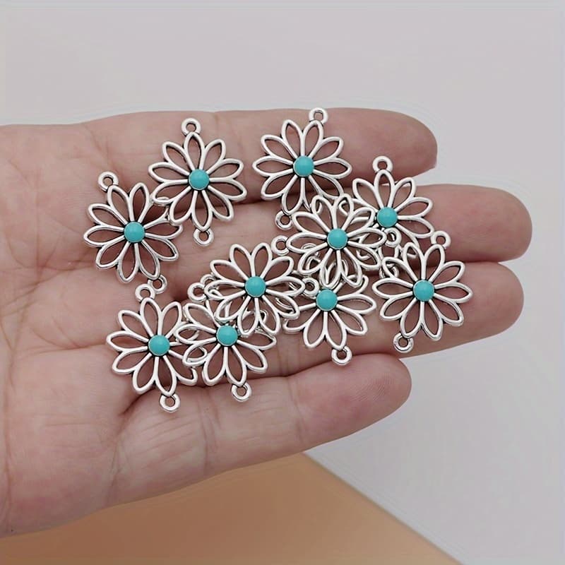 TEMU 10pcs Hollow Ancient Silvery Blue Flower Connector Charms Alloy Flower Connector Pendants Charms For Jewelry Making Ideal For Bracelets And Necklaces Earrings Crafting Additions