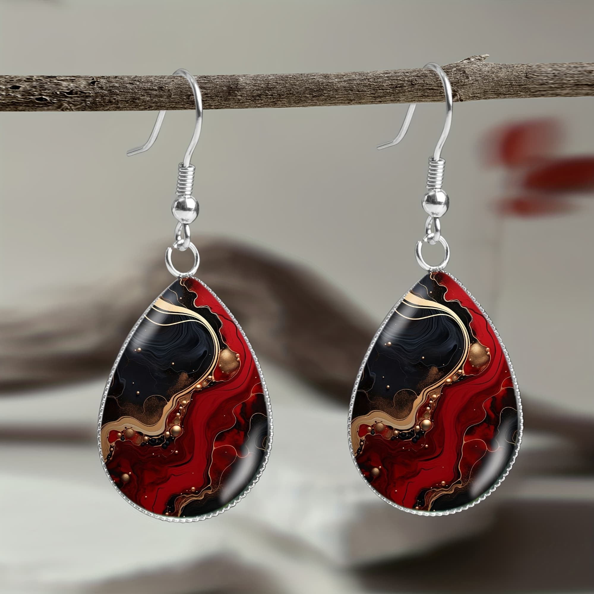 TEMU 1 Pair Black And Red Pattern Steel Teardrop Earrings, Elegant Jewelry For Men And Women For Parties And Banquets