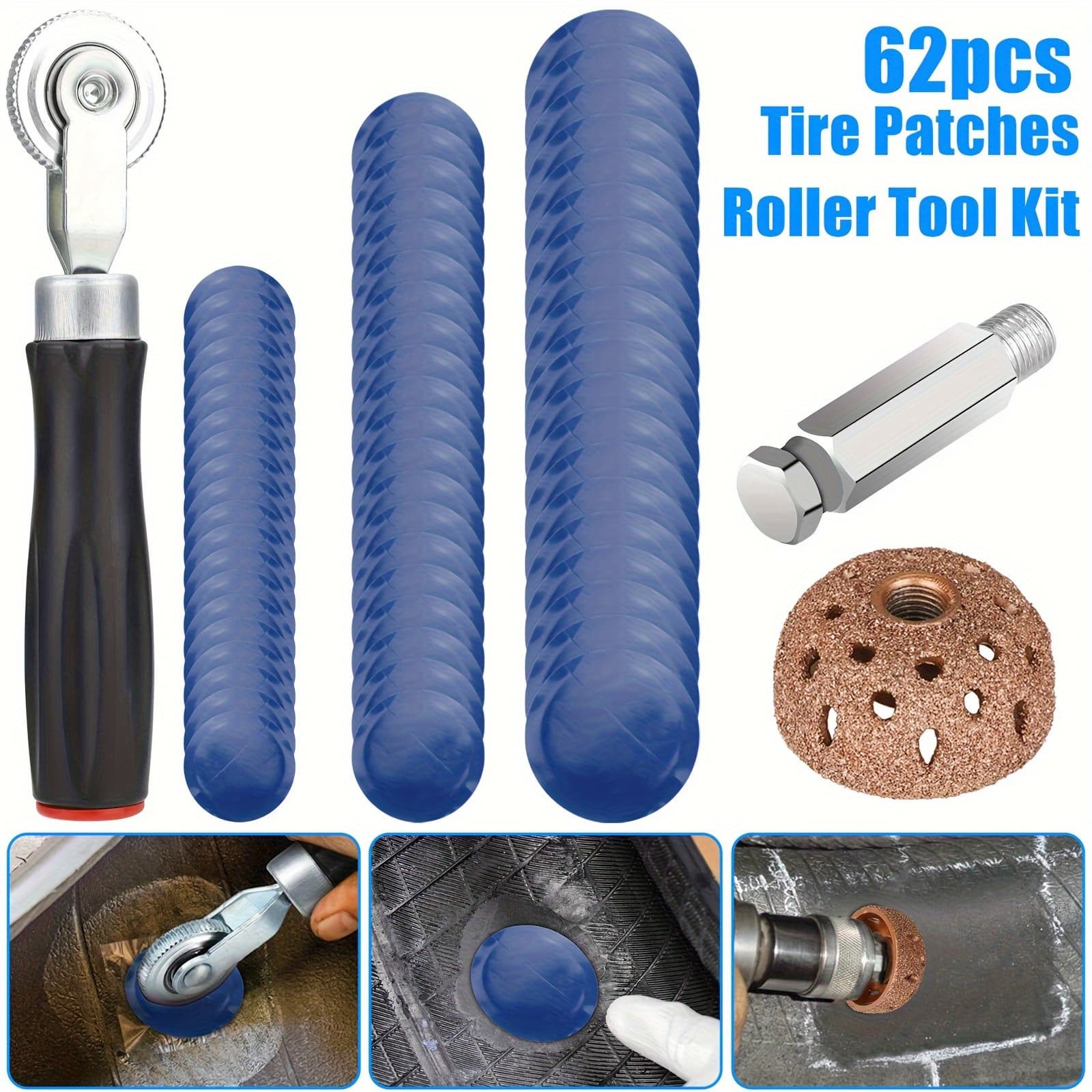 TEMU 1 Set Tire Repair Patches Kit, Tire Patch Roller Tool Kit, 32mm, 42mm, And 58mm Patches, For Car Truck Motorcycle