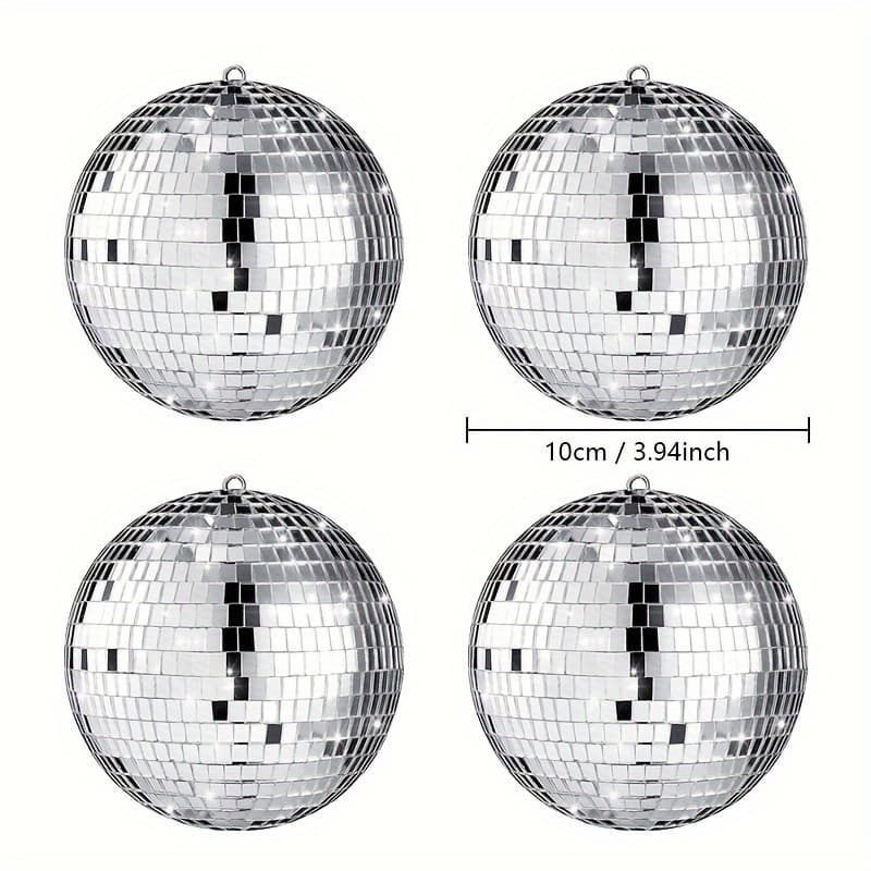 TEMU Set Of 4 Silvery Disco Mirror Balls, 10cm / 3.94 Inches, Shiny Decorative Ornaments For Living Room And Home Decor, Christmas Hanging Decorations, Party And Holiday Decor, Handmade Crafts