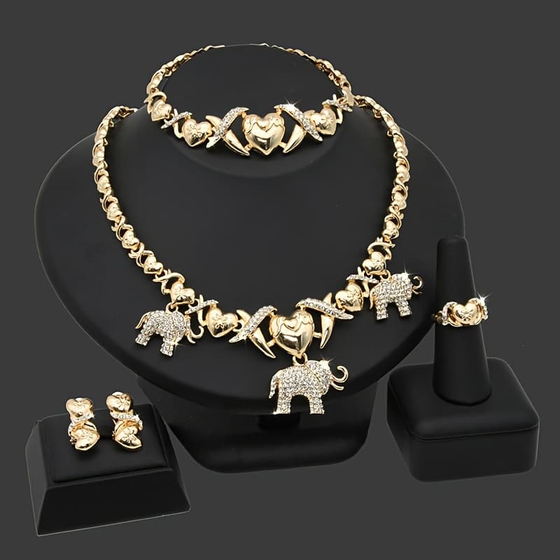 TEMU 4pcs Luxury Niche Classic Xo Jewellery Set, Small Elephant Series Alloy Inlaid Synthetic Synthetic Zirconia Necklace Earrings Bracelet Ring Jewellery, Suitable For Holiday Party Commuting Wear