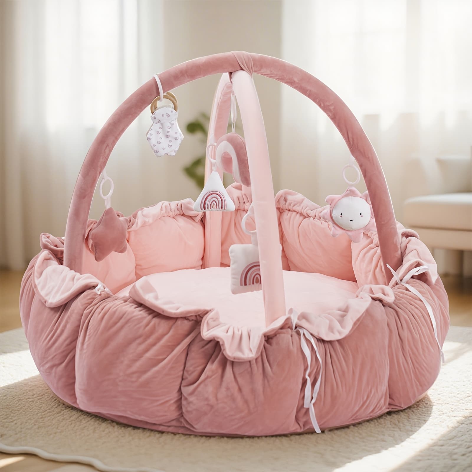 TEMU Cat Bed, Dog Bed, Thick & Plush Gym With 6 Toys, Mats For Floor, Tummy Time Mat, Convertible Stage-based Developmenta, Ball Pit, Pet Cushion