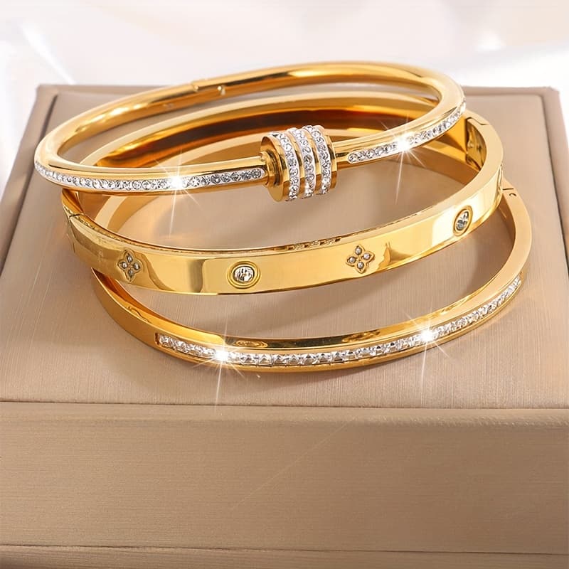 TEMU 3pcs Of Exquisite And Fashionable Stainless Steel Temperament Bangle Bangle Bracelet Set For Casual Attire And Party