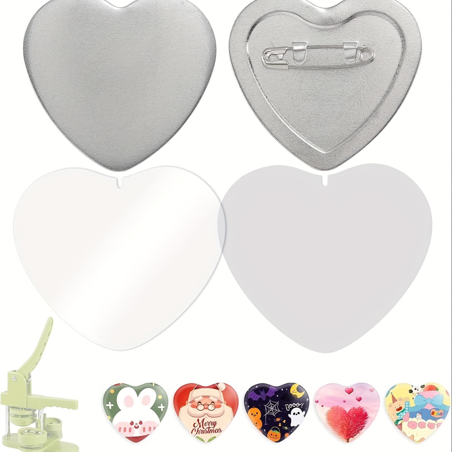 TEMU 100 Sets Of Heart Button Maker Supplies Metal Button Parts For Pin Making Machine Heart-shaped Bottom For Pin Set, Each Set Includes Top, Clip Bottom And Plastic Film