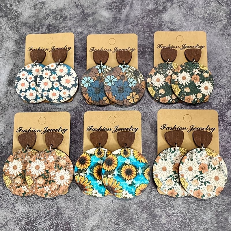 TEMU 6 Pairs Of Bohemian Chic Wooden Earrings -unisex, Retro Ethnic Style With Floral Print - Handcrafted, Lightweight, Comfortable, And Versatile Earrings For Women And Men.