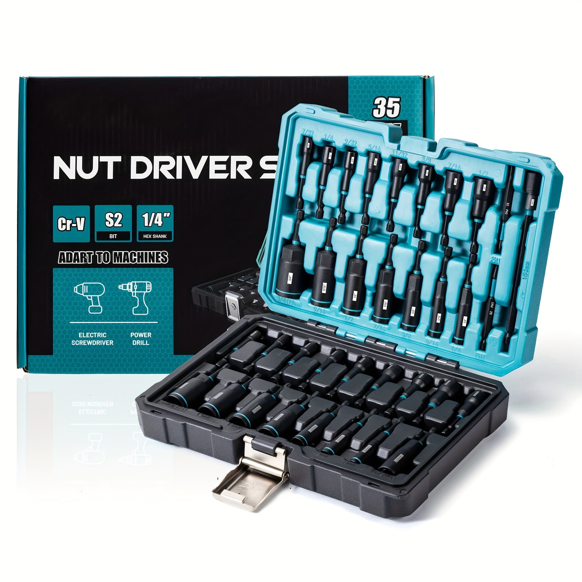 TEMU 35pcs Magnetic Deep Nut Driver Set, Impact Socket Set 1/2", 1/4", 3/8" Etc, Impact Drill, Metric & Sae Impact Sockets -release Holder, Includes Ph1/ph2 Bits For Automotive & Industrial Use