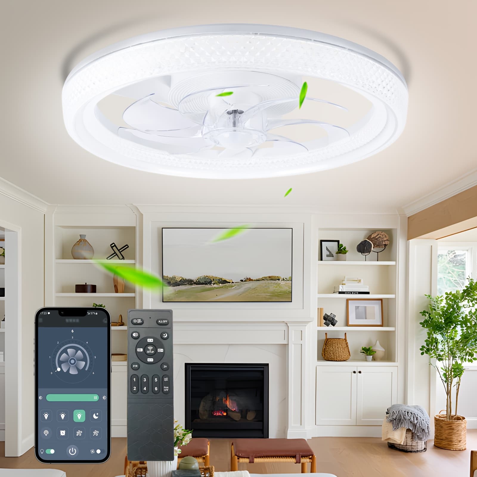TEMU Ceiling Fans With Lights And Remote, Ceiling Fan Flush Mount 20 Inch, Led Light 3000k-6500k Dimmable Bladeless And 6 , With Light For Bedroom, Kitchen, Living Room