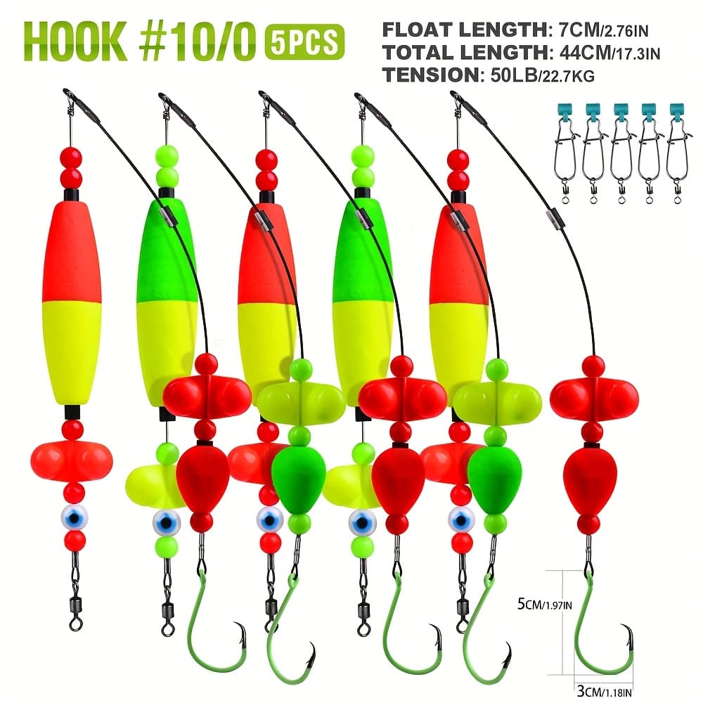 TEMU Catfish Setup - 5pcs Catfish Float Rig Bank Fishing Kit With 6/0, 8/0, 10/0 Circle Hooks, Featuring Double Rattle Beads With -the-dark Coating For High Visibility, For Use Catfish Fishing Rigs
