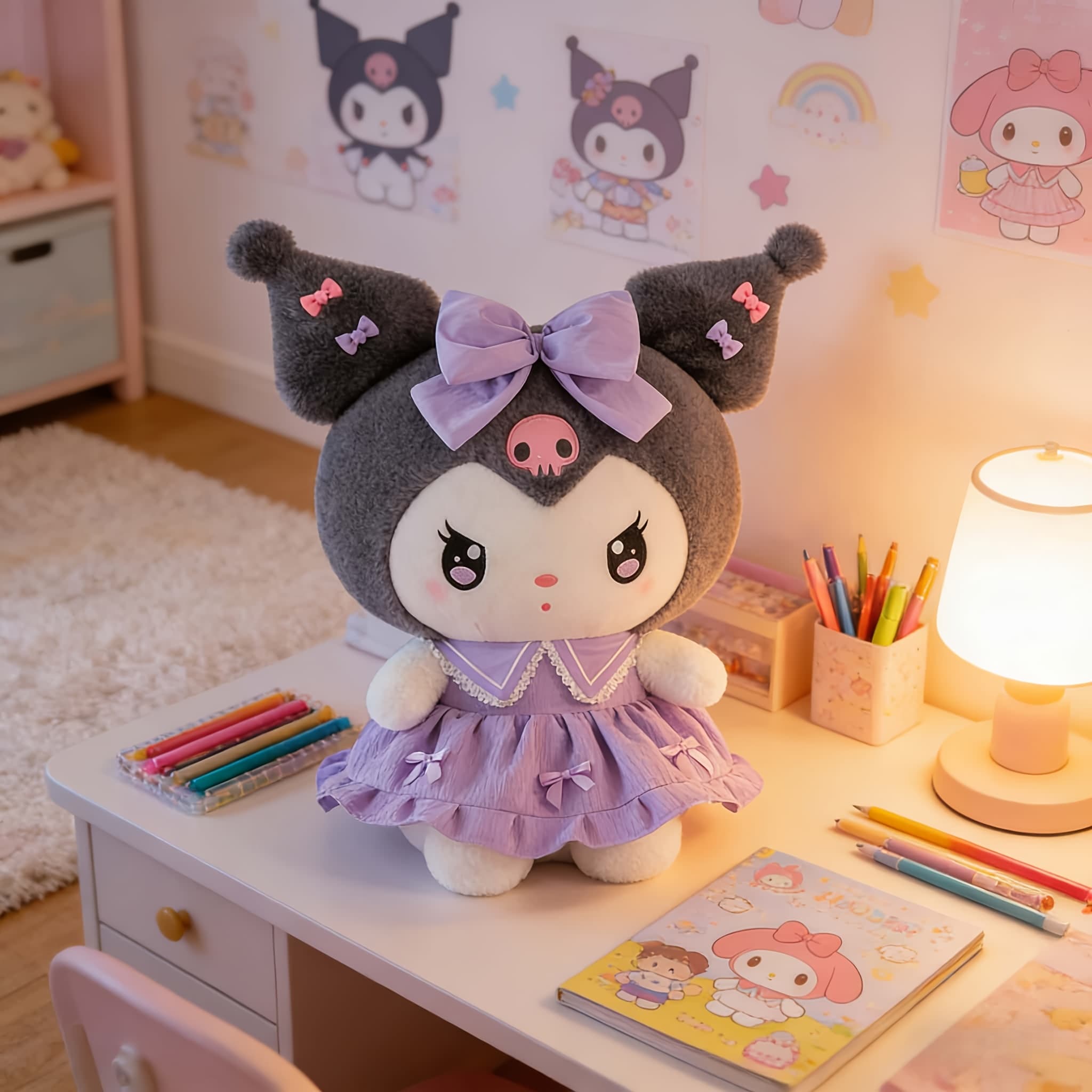TEMU Kuromi And My Melody Plush Set - Official Strawberry-themed Stuffed Animals With , Soft Polyester Collectible Toys (no Batteries) - Cute Cartoon Plush Dolls For Collectors And Kids