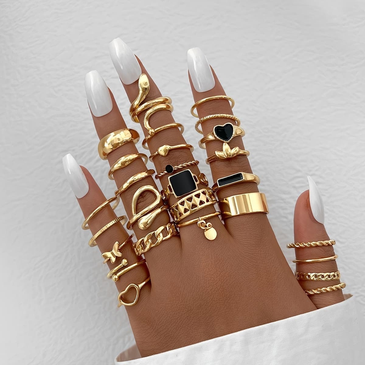 TEMU 27pcs Minimalist Black Square Heart Snake Chain Ring Hollow Set Women's Date Vacation Matching Gift