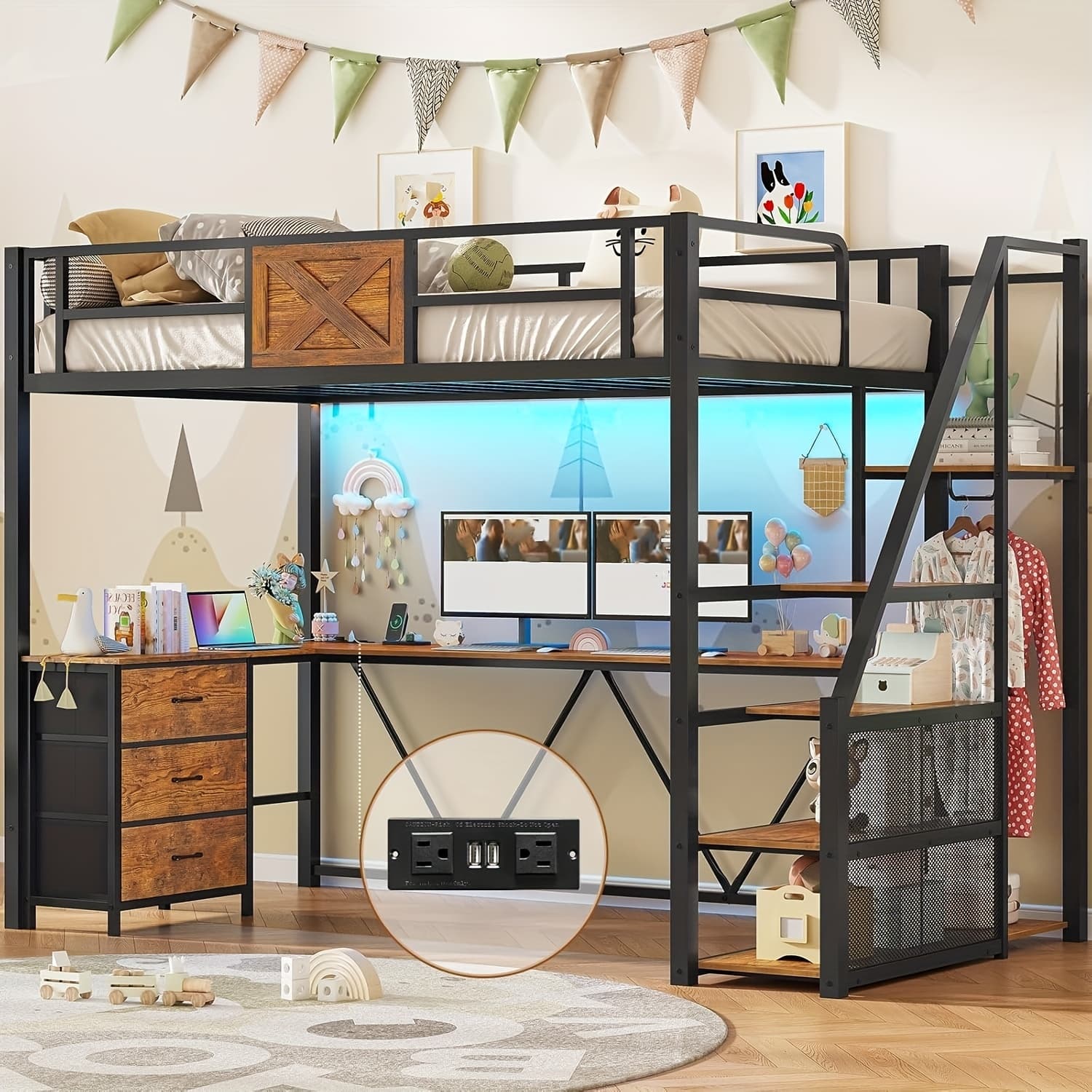 TEMU Twin Size Loft Bed With L Shaped Desk And Wardrobe, Metal Loft Bed Frame With Storage Stairs, 3 Drawers And Led Lights