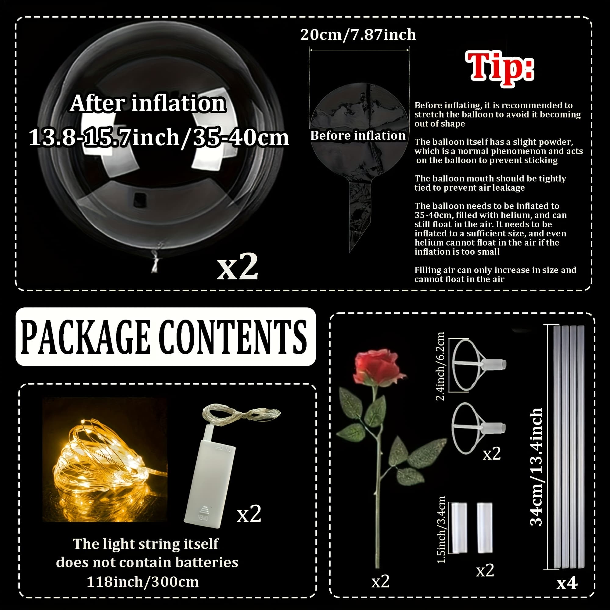 TEMU 2pcs Led Light Up Transparent Bobo Balloons With Red Rose Bouquet And Led String Lights (no Inner Balloons) - Battery Operated, Weddings, Valentine's Day, , Birthday Party Decoration