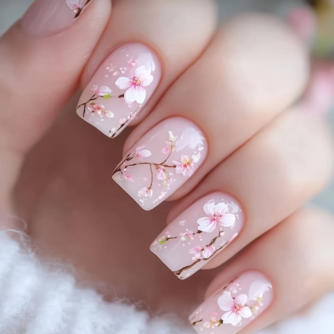 TEMU Nude Pink Transparent Soft Press-on Nails, Hand-painted Cherry Short Square Nails, Versatile