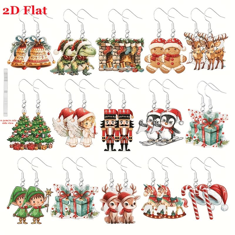 TEMU 2d Flat 15 Pairs Of Christmas Cartoon Earrings, Cute Acrylic Dangle Earrings, Santa Claus Snowman Elk Animal Pattern Holiday Earrings, Xmas Party Favors 2d Flat