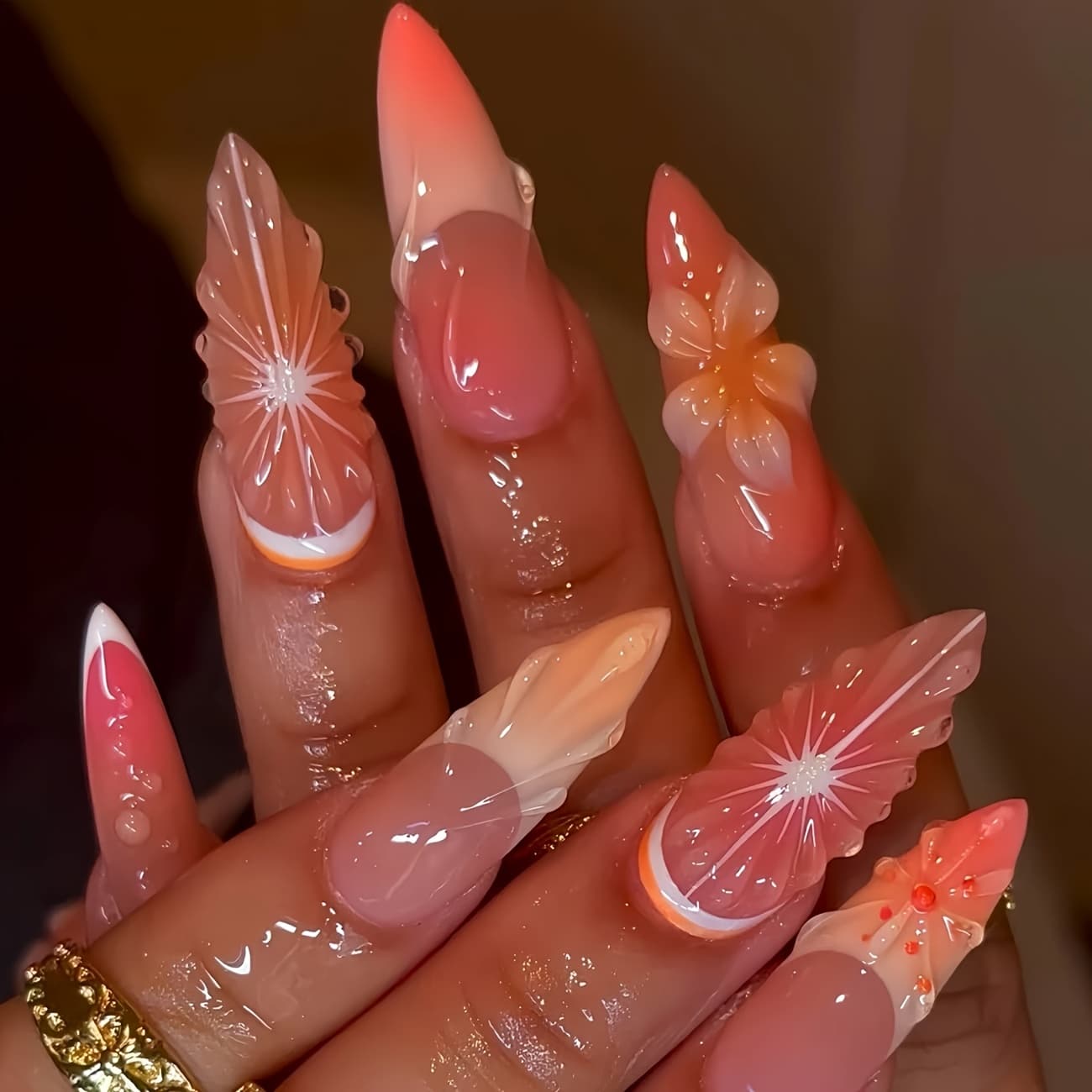 TEMU A Set Of 24 Long Almond-shaped Fake Nails, And Vibrant, Lemon Enthusiastic Orange Flowers, Watery Texture, Fashionable And High-end, Suitable For And. The Box Includes A Nail File And Jelly Glue