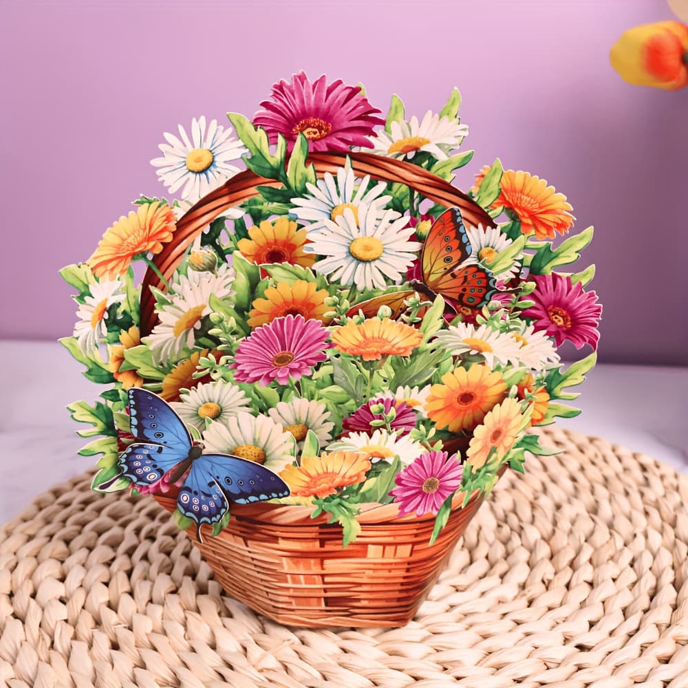 TEMU 1pc Daisy Basket Pop-up Greeting Card With Envelope – Vibrant Featuring Daisies, Roses & Butterflies – Mother’s Day, Birthdays, Anniversaries, And Spring Celebrations – Decor Or Party Favor