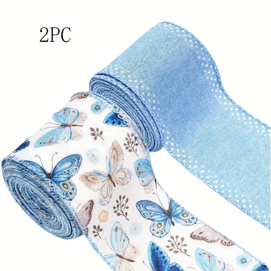 TEMU 1 Roll/2 Rolls, Wired Edge Ribbon Craft Ribbon Blue Fabric Ribbon For Wreath Bow Making Diy Crafts Wrapping Party Decor Supplies