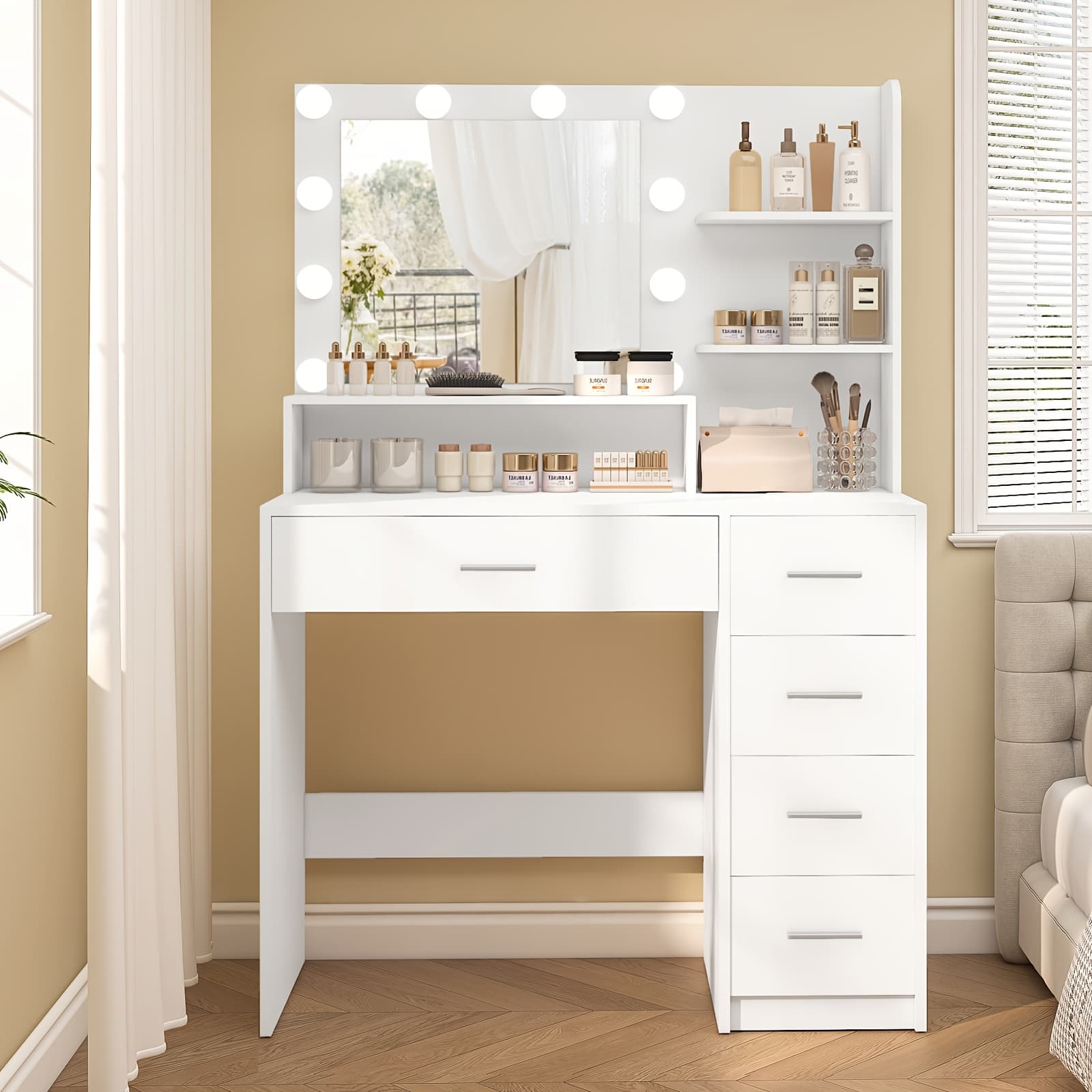 TEMU Athwel Makeup Vanity Desk With Mirror & Lights, Vanity Desk With 5 Drawers & Storage Shelves, Vanity Table, 3 Color & Adjustable Brightness Dressing Table, Bedroom