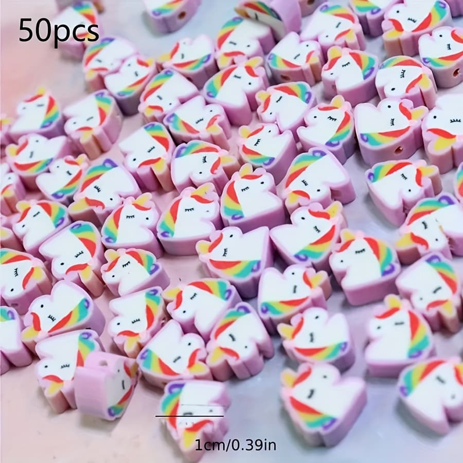 TEMU 50pcs Colorful Unicorn Pattern Polymer Clay Spacer Beads For Jewelry Making, Diy Bracelet Necklace
