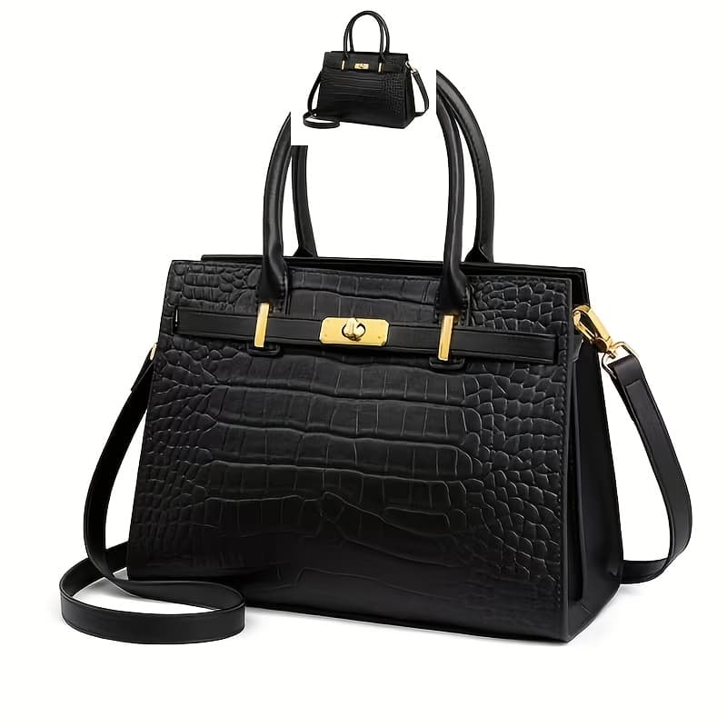 TEMU Women's Real Genuine Leather Crocodile-texture Crossbody & Handbag - Detachable Strap Alligator Stripe Purse, Zipper Closure Genuine Leather Suitable For Casual Work Travel - & Versatile Handbag