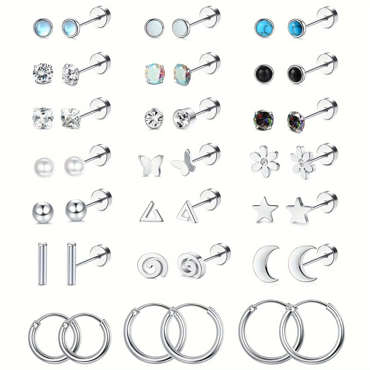 TEMU 2d Flat - 21pairs Of Hypoallergenic Surgical Steel Flat Back Earrings, Small Tiny Studs With 20g Screw Back For Nap Stack And Cartilage Earring