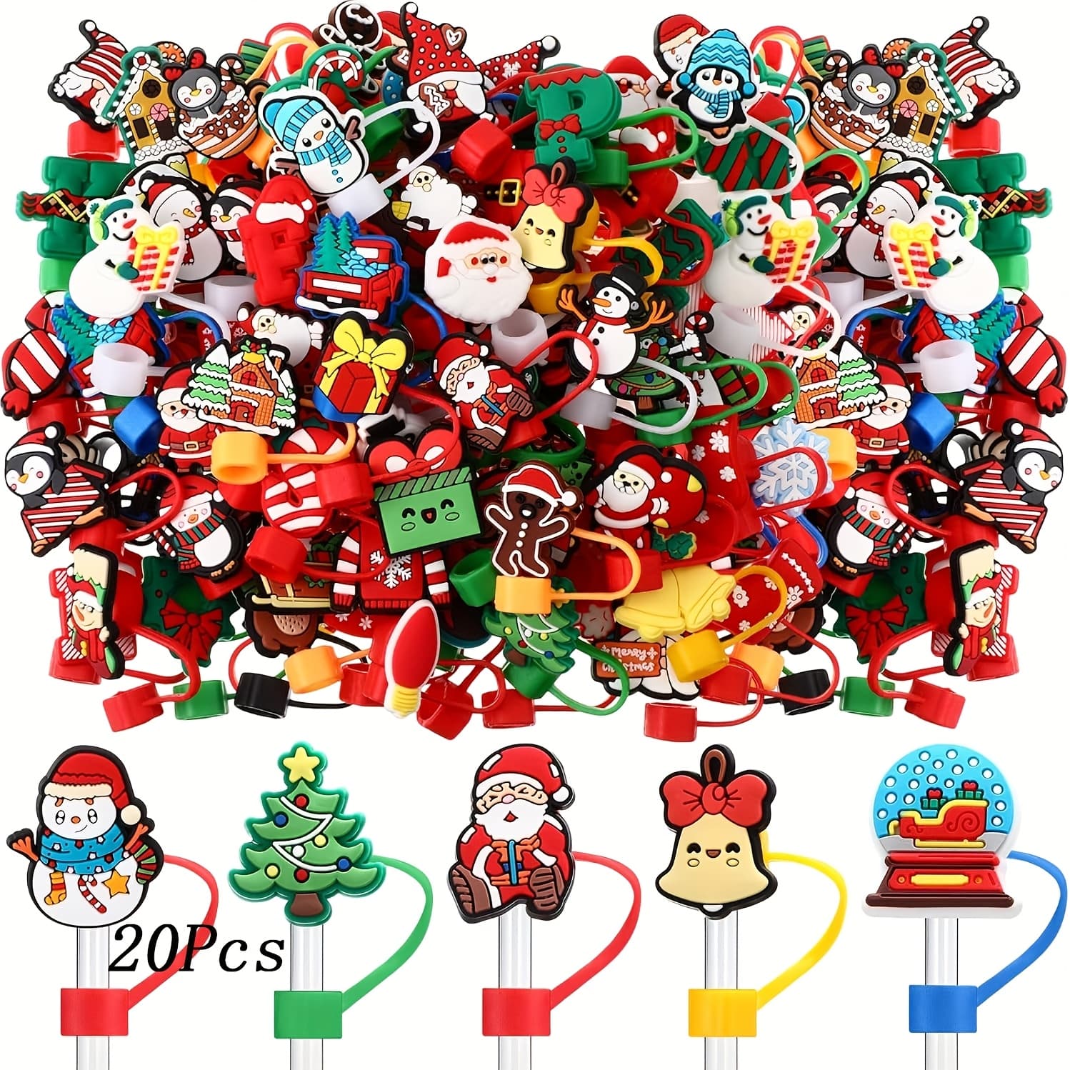 TEMU 20 Random Christmas Straw Covers With Handles, Suitable For 9-10mm Straws, Silicone Drinking Straw Covers, Cups, Christmas Gifts, Party Gifts