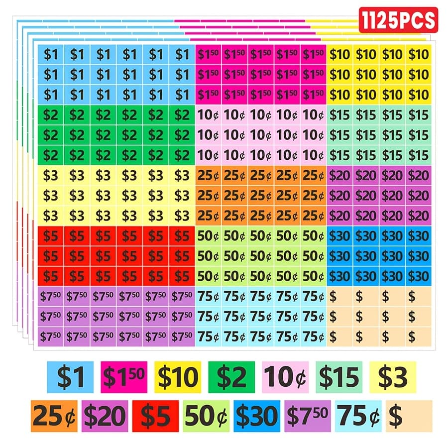 TEMU 1125/2250pcs Of Colorful Price Tag Stickers, Featuring A Mixed Design Of Dollars And , Suitable For Retail Pricing, Inventory Categorization, And Office Organization