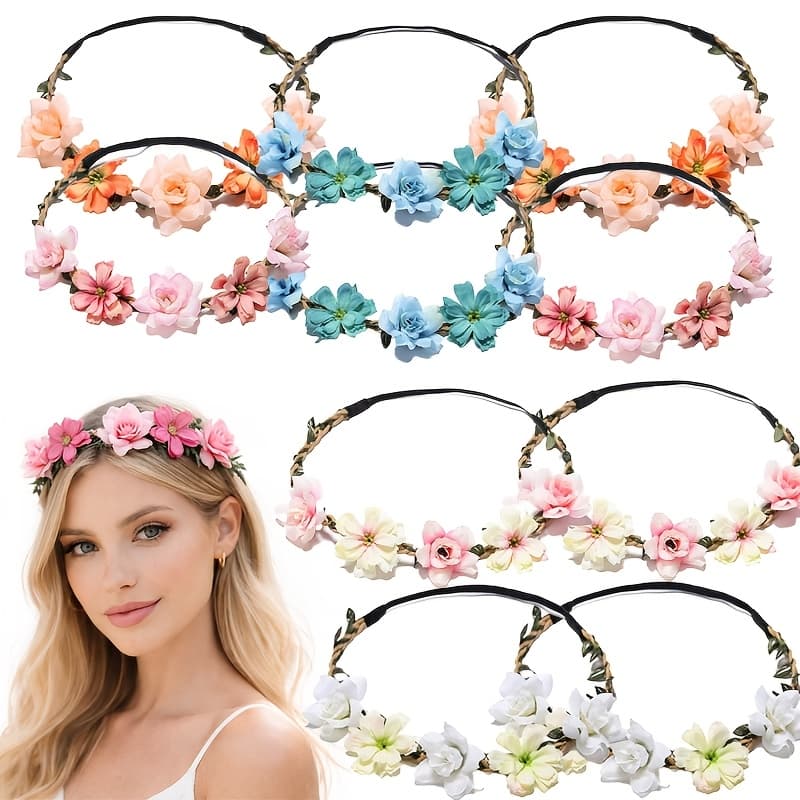 TEMU 12pcs Pink Flower Headbands For Women, Rose Floral Hair Wreath Set, Wedding Bridesmaid Beach Party Hair Accessories(color Random)