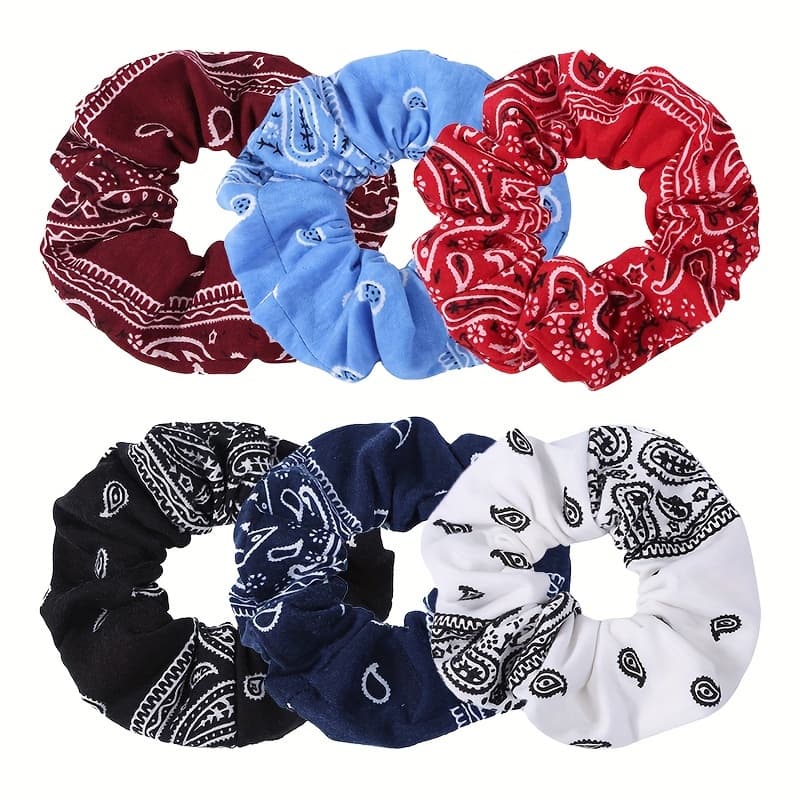 TEMU 6pcs Bohemian Style Paisley Print Hair Scrunchies, Elastic Hair Bands, Non-slip Ponytail Holders, Fashionable Hair Accessories For Women
