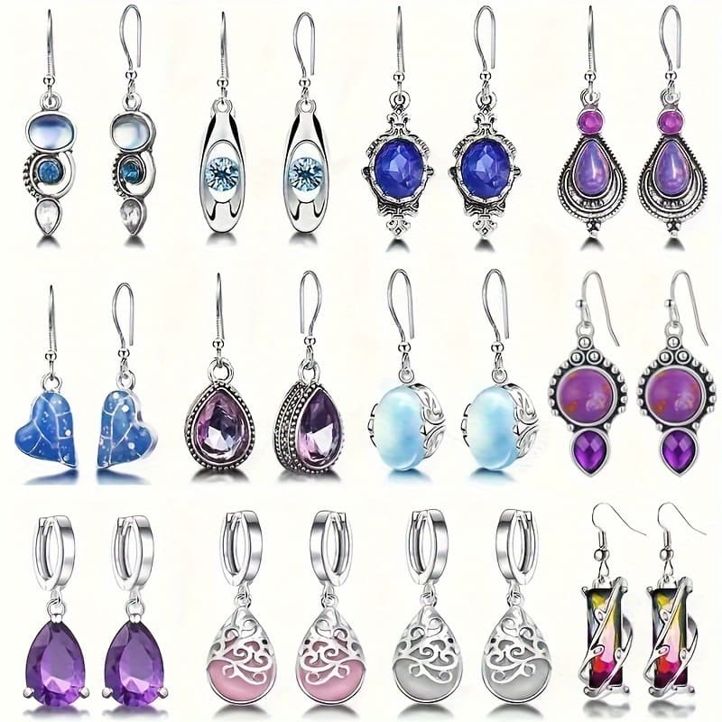 TEMU 12 Pairs/set Colorful Shiny Earrings Moonlight Drop Pendant Dangle Earrings Bohemian Elegant Jewelry Daily Casual Ear Ornaments