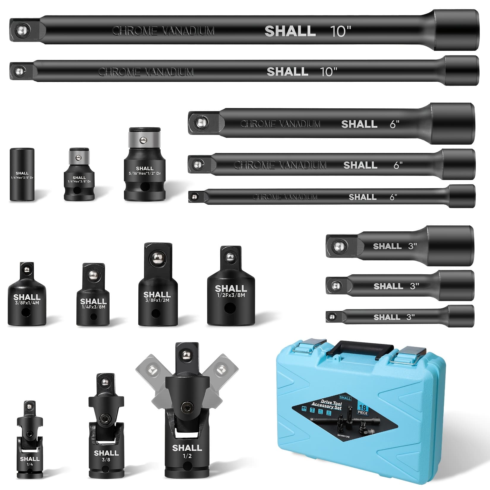 TEMU 18pcs Drive Tool Accessory Kit With Socket Adapters, Extension Bars, Swivel Joints & Impact Coupler - Fits 1/4", 3/8", 1/2" Drives, Shall