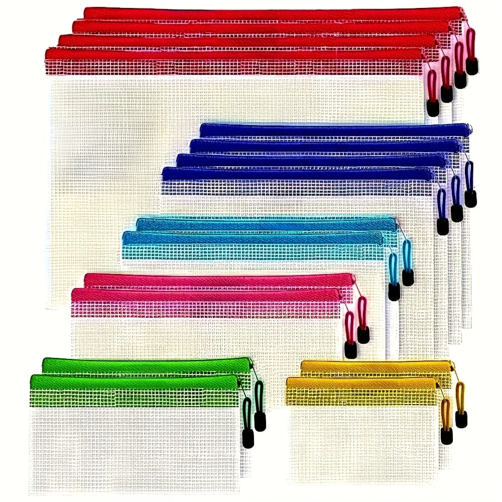 TEMU 16-pack Clear Mesh Zipper Pouches - 6 Sizes & Colors, Document/file Organizer Bags For School, Travel & Home