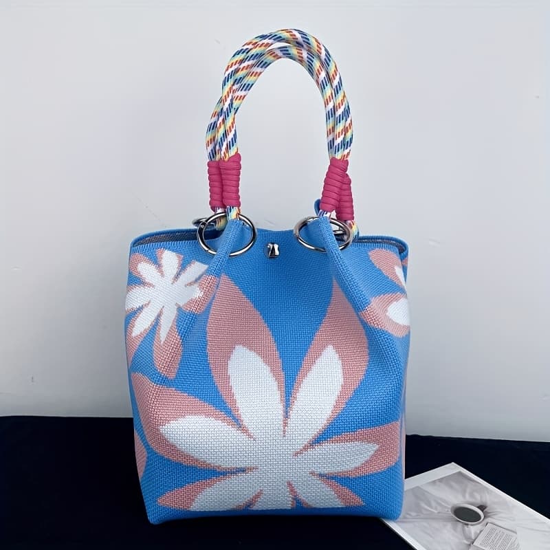 TEMU Elegant Blue Floral Knit Tote Bag - Foldable, Magnetic Closure With Dual Handles, Evening & Casual
