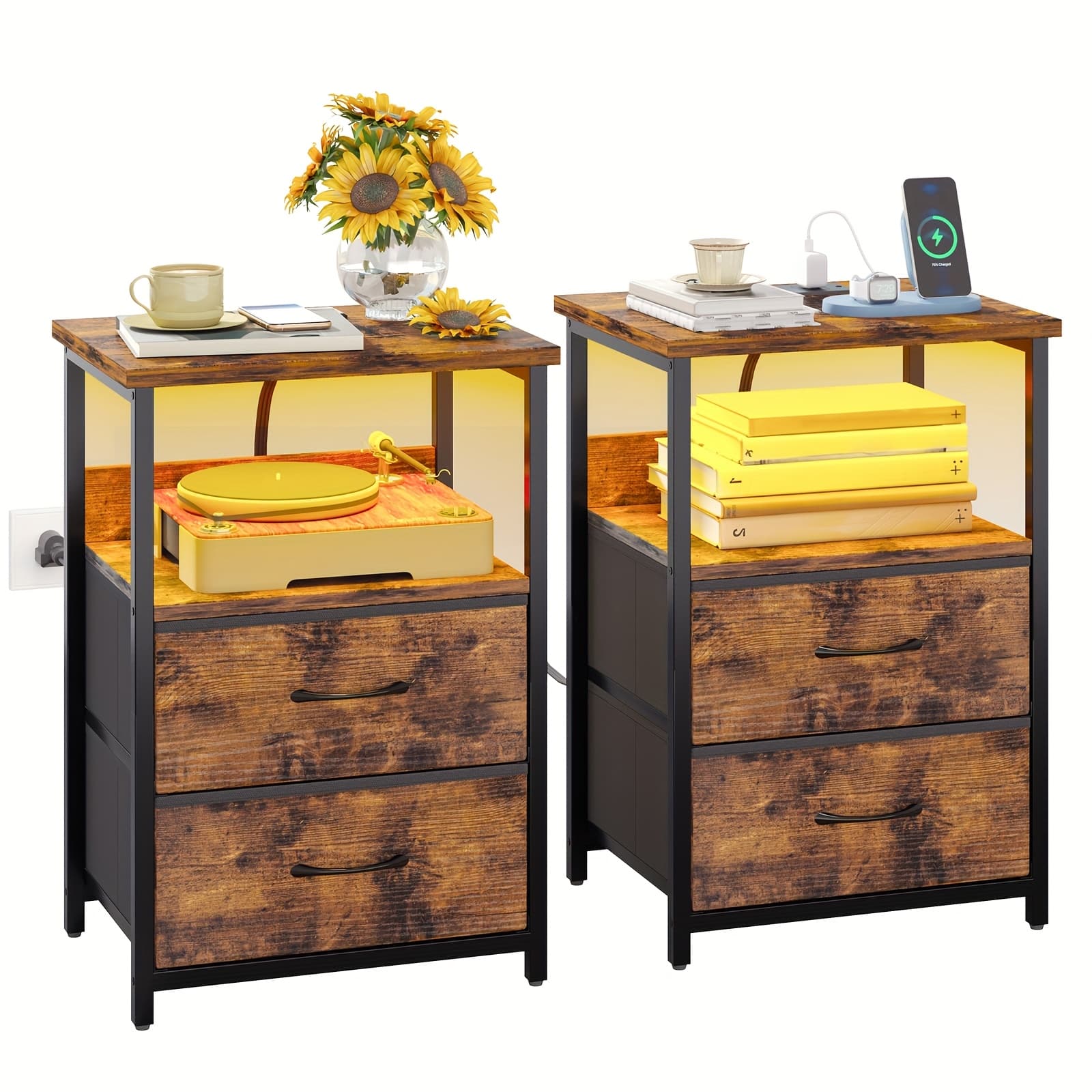 TEMU Tomnk Night Stand With Charger Station And Led Lights, 2 Drawer Nightstand, Bed Side Table With Open Shelf, End Table, Heavy Duty Dresser, Fabric Dresser For Bedroom, School And Dormitory Storage