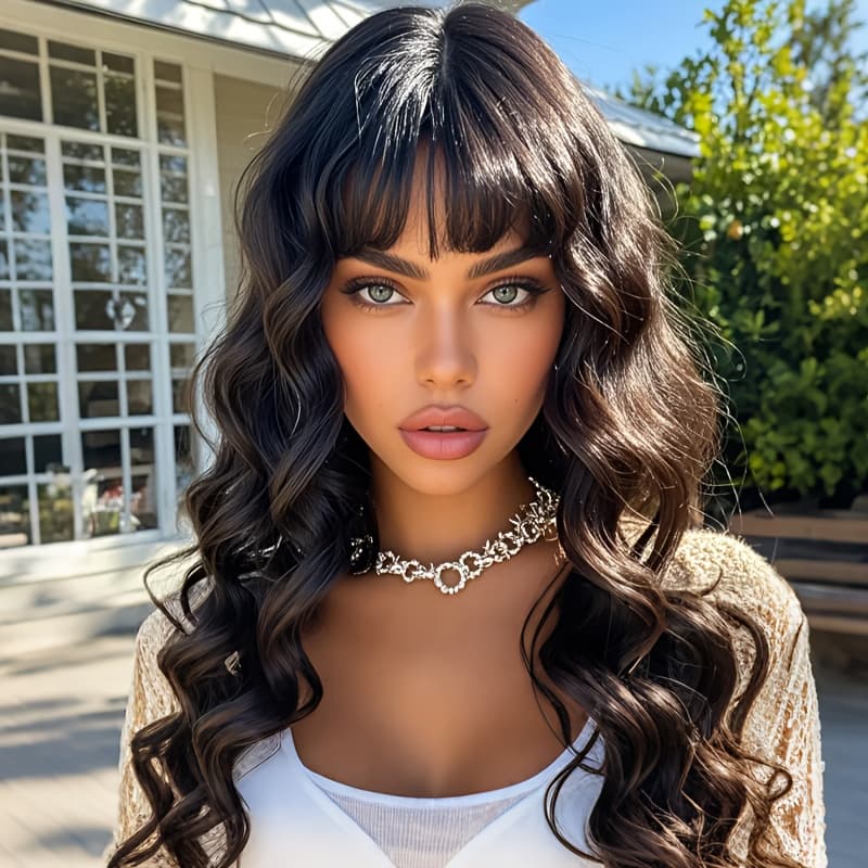 TEMU Wavy Wigs For Women Black, Wigs With Bangs, Loose Curls, Density, No Glue, , High Temperature Resistance, Suitable For Daily Wear, Cosplay, Party, Music Festival, Vacation