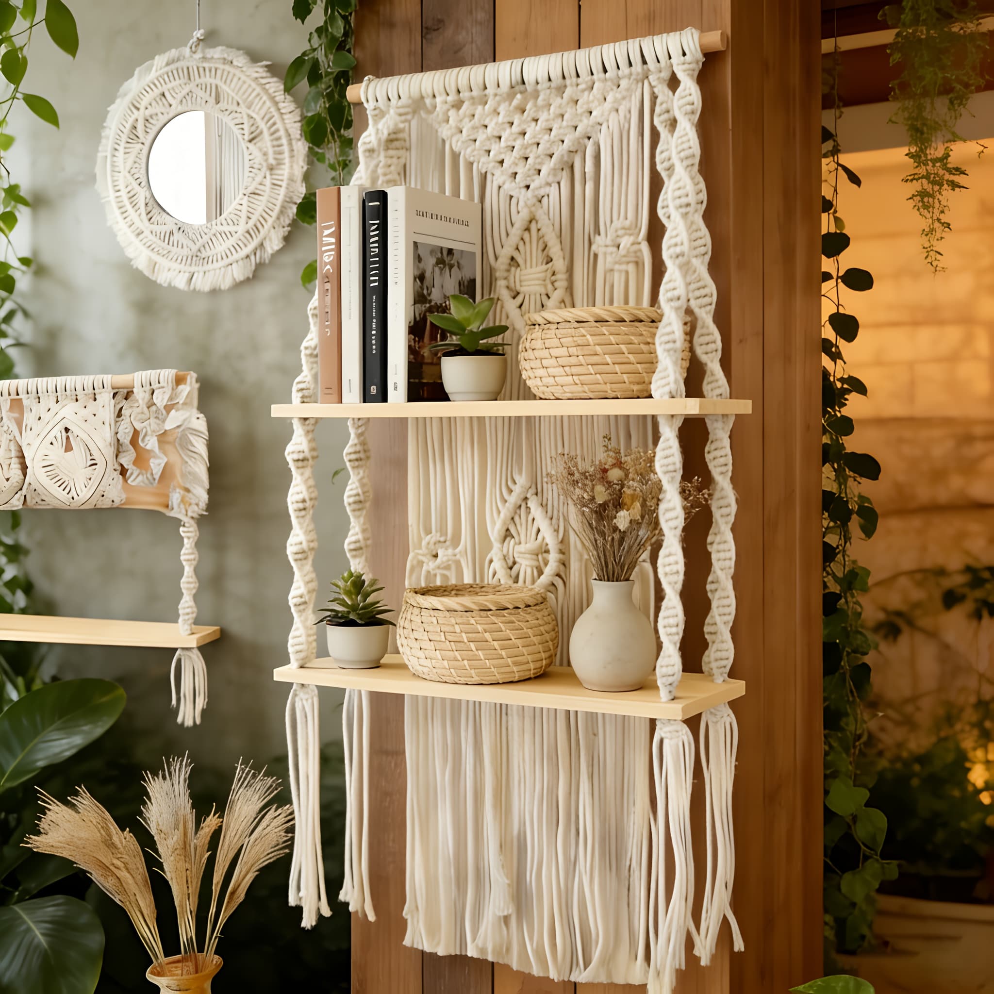 TEMU Woven Wall Rack, Bohemian Style Hand Woven Rack, Wooden Decorative Storage Rack, Suitable For Bedroom And Bathroom Decoration, Bohemian Style Wall Decoration, Floating Rack