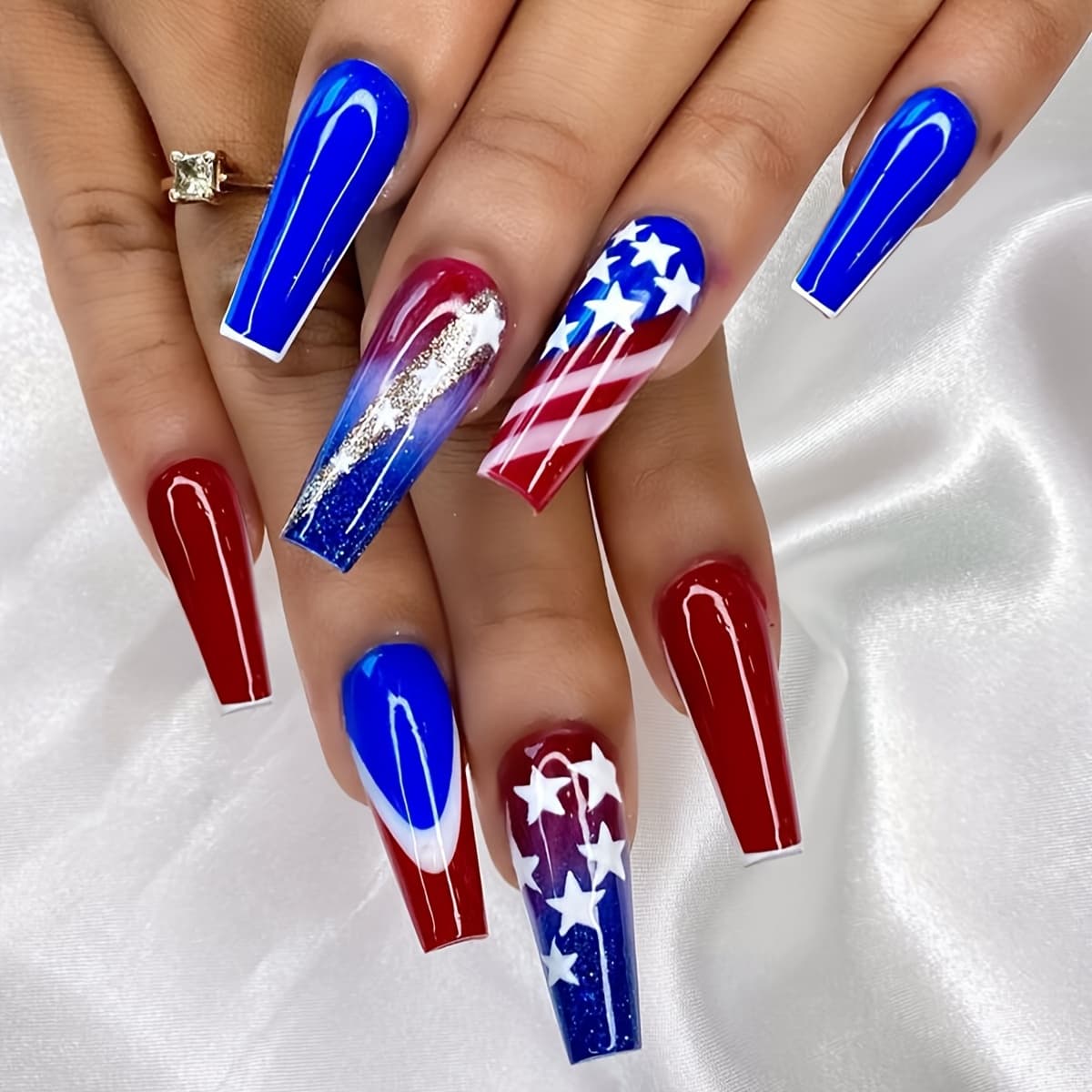 TEMU 24pcs Long Coffin Day Press On Nails With Prints, Glitter Accents, Perfect For