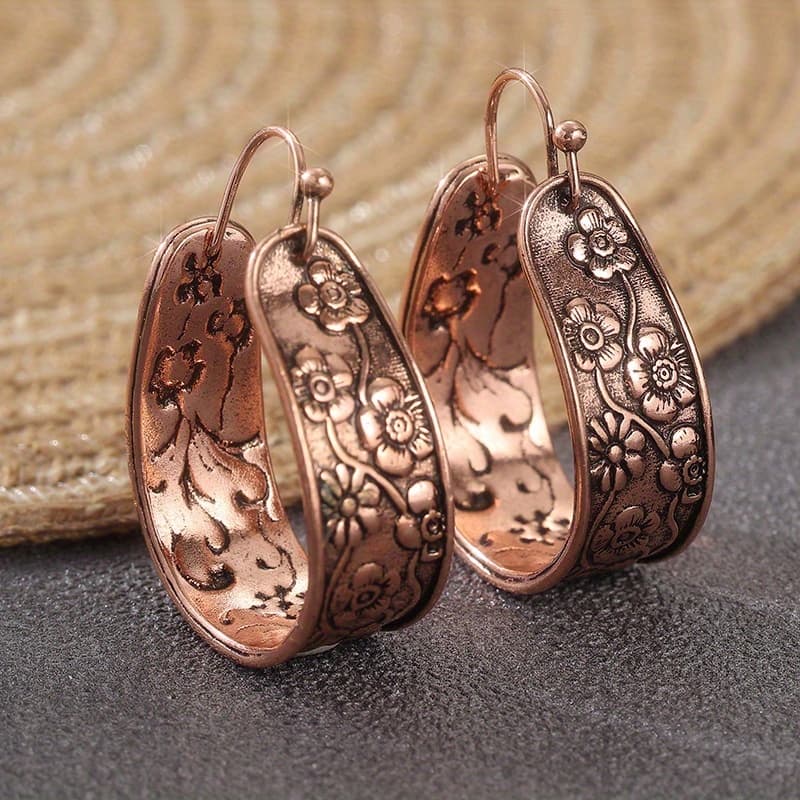 TEMU Yoyo Handmade Boho Hoop Earrings With Engraved Bronze Floral Hoops - -plated Hoops, For Daily Wear, Parties & Christmas Gifts - Vintage Bohemian Suitable For Wear
