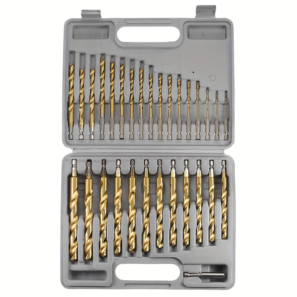 TEMU Titanium Impact Drill Bit Set - 30pcs Hex Shank Hss, 1/16"-1/2" Hex Shank Drill Bit Set, Quick Change Design, For Wood, Steel, Metal, And Plastic