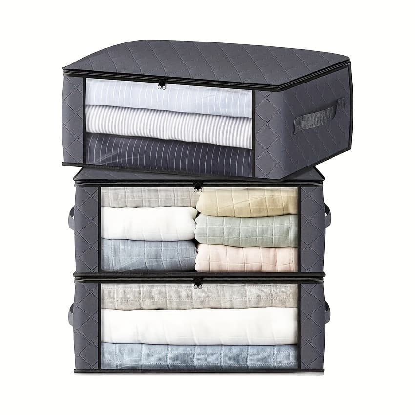 TEMU 3-pack Zipper Pvc Window Folding 3-layer Non-woven Fabric Storage Bags For Clothes And Blankets, Transparent Window Clothing Organizer Boxes For Moving