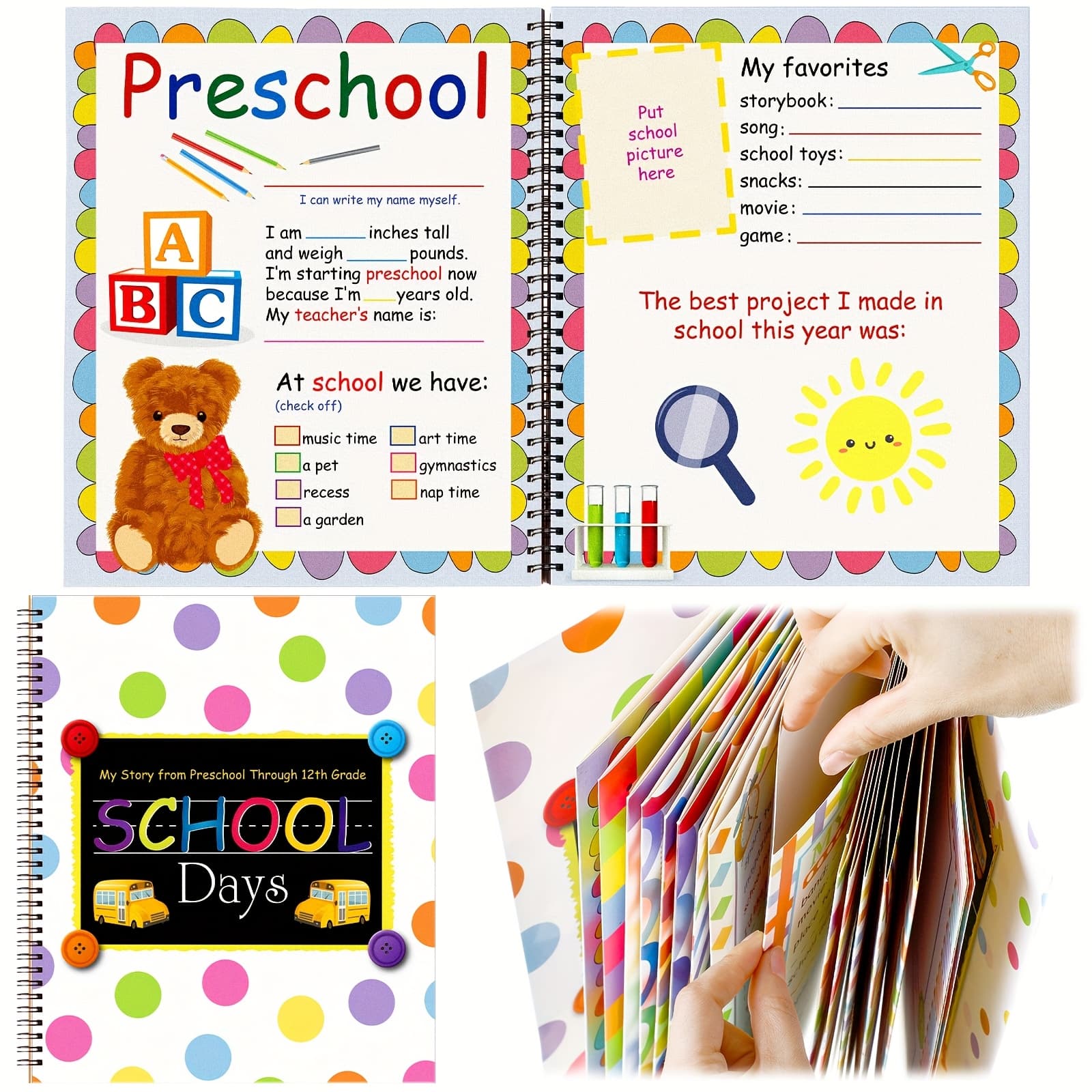 TEMU 1 Set School Memory Album, School Years Keepsake Book Album From Preschool Through 12th Grade With 14 Pocket For Storage Portfolio Grade Pictures (polka Dots)