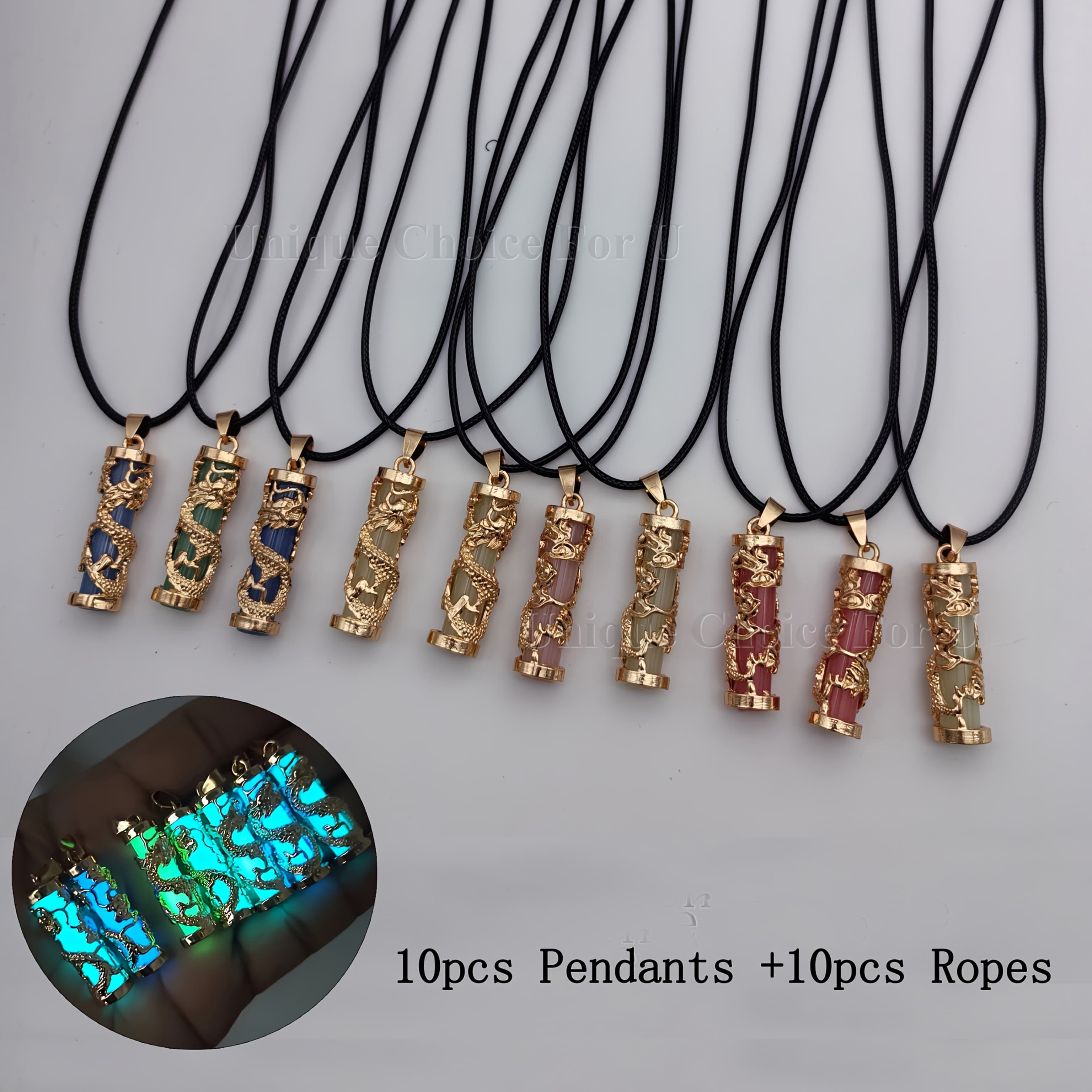 TEMU 10pcs Pendants + Ropes Luminous Unisex Alloy Dragon Pendants Necklace Pillar Charms With Glow In The , Phoenix Inlay, Stone Pendant For Jewelry Making, Gifts, Mystical Accessories