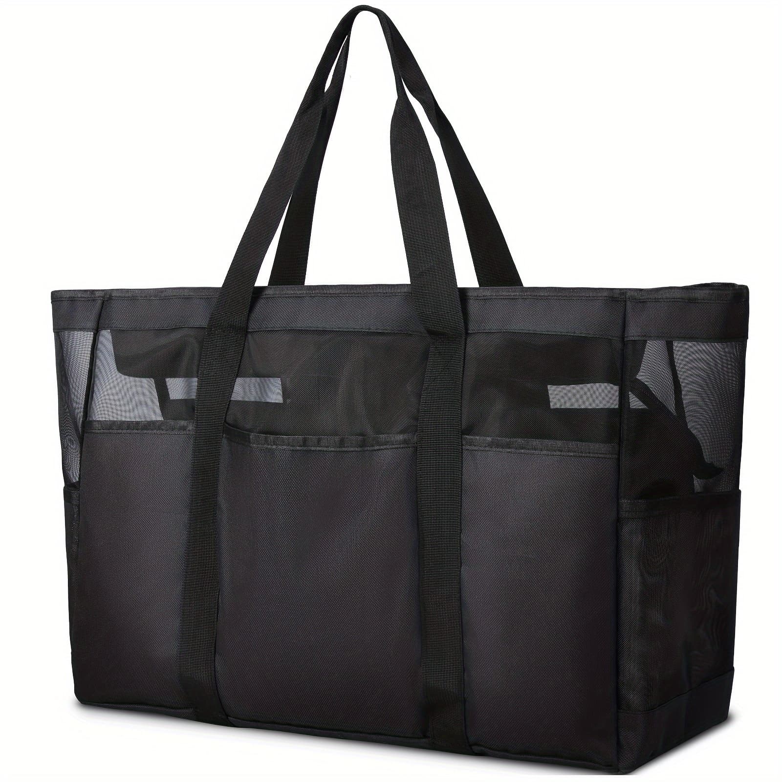 TEMU Beach Bag Xxl Family With Zip Beach Bag Ladies Large Mesh Beach Bag Shopper Foldable Shoulder Bags Swim Bag For Beach Travel Toy Storage Gym Black