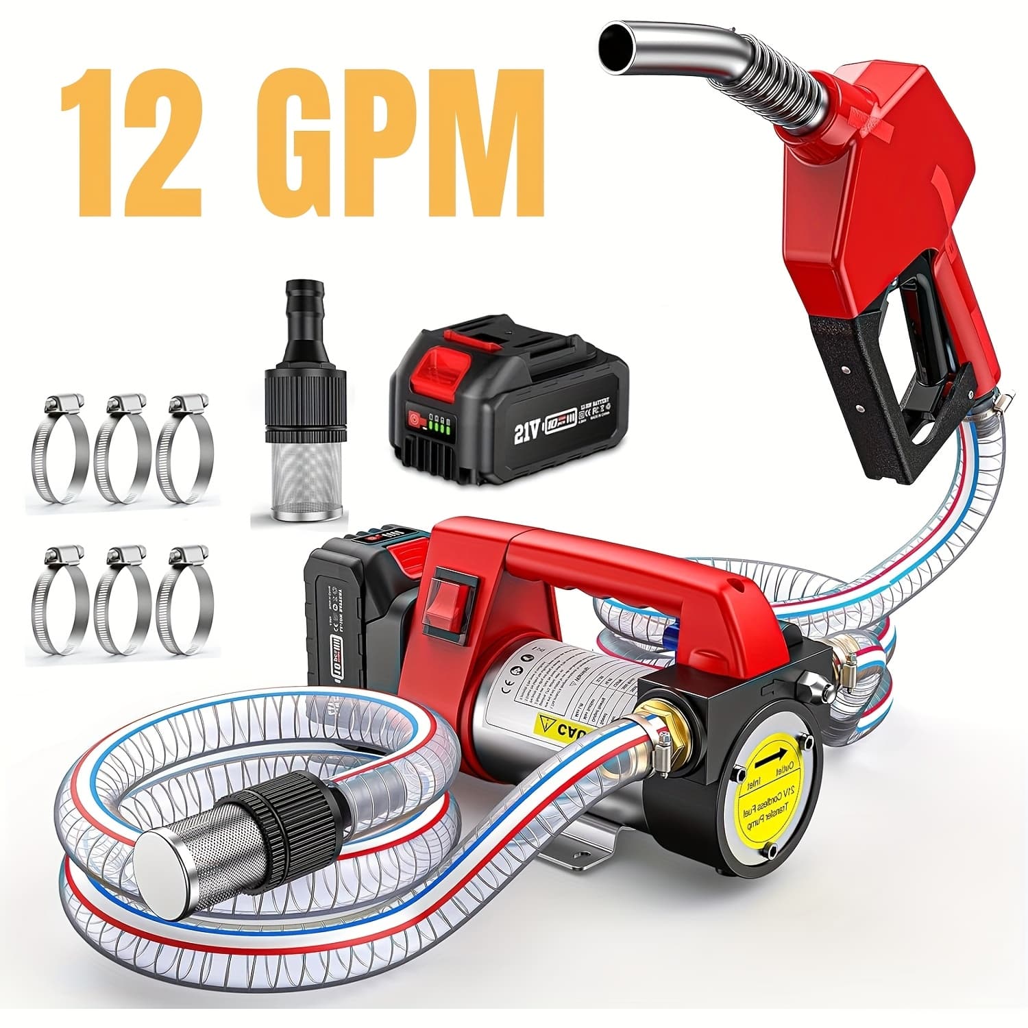TEMU 12gpm Electric Cordless Pump Kit With 21vdc 4.0ah Battery And Charger, Portable Cordless Pump With Auto-off Nozzle And 2 X 6.6ft Hoses For Kerosene Transfer, Easy Carry