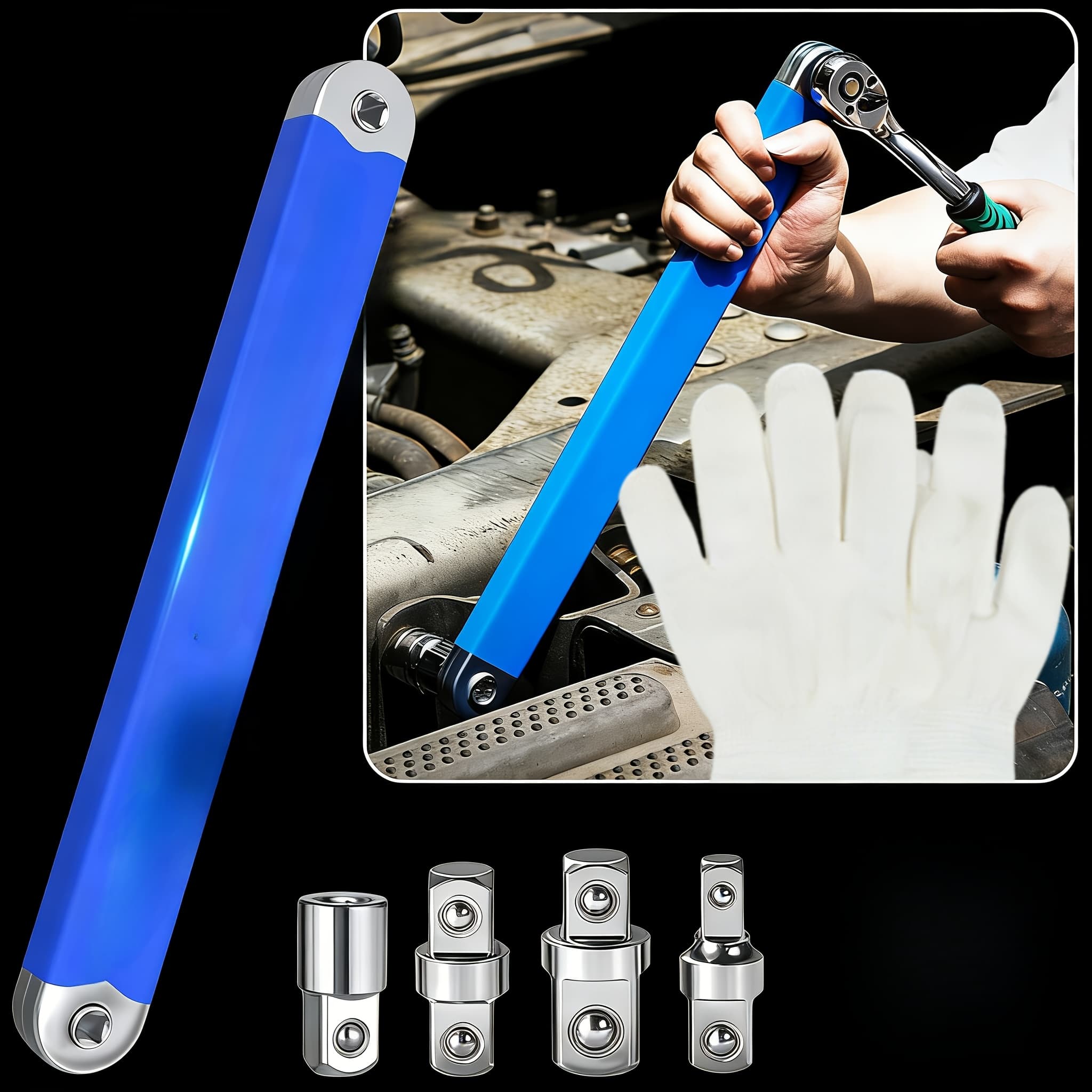 TEMU Professional 0 Offset Extension Wrench Set With 3/8 Ratchet Wrench, 15 Inch Ratchet Wrench With 1/2", 1/4" & 3/8" Square Drive Adapters, Universal Repair Tool For Narrow Spaces & Auto Maintenance