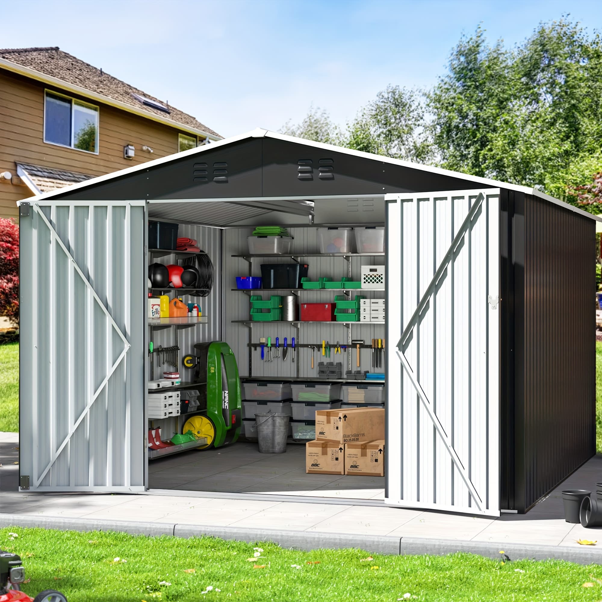 TEMU 10x10 Ft Outdoor Storage Shed, Spacious Garden Shed Featuring An And Secure Locking Doors, Metal Tool Sheds For Backyard Garden Patio Lawn, Black